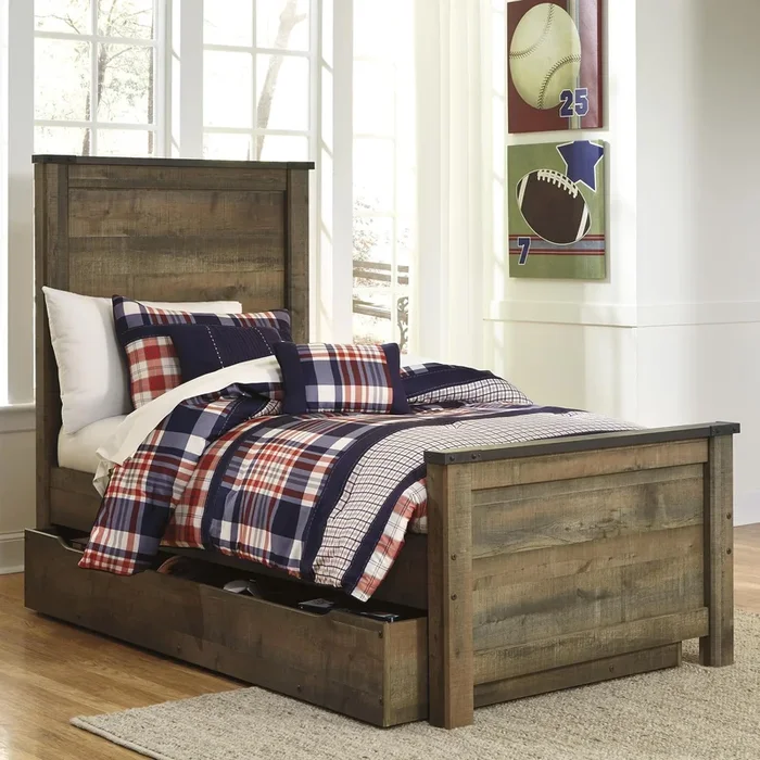Rustic Look Twin Panel Bed with Under Bed Storage/Trundle