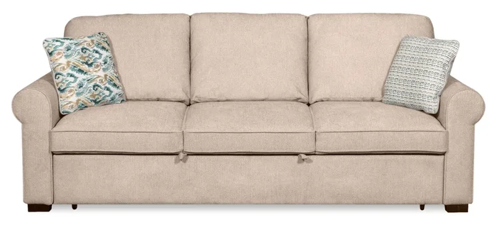 Scott Living Haven 96″ Chenille Fabric Sleeper Sofa with Wood Legs – Taupe | Sofa-lit Haven de Scott Living de 96 po en tissu de chenille avec pattes en bois – taupe
