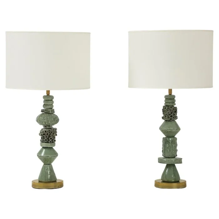 Sculptural Green Ceramic “Sfere and Tubi” with Brass Lamps by Matteo Giampaglia