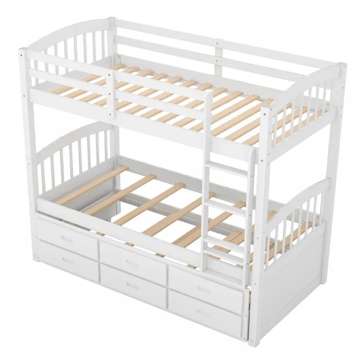 Sean Solid Wood Convertible Design Bunk Bed With Trundle And Drawers, Twin Size – White | Sean – Lit Superpose Convertible En Bois Massif Avec Lit Gigogne Et Tiroirs, Format Simple – Blanc
