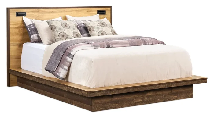 Silas Platform Bed with Headboard & Frame, LED, Rustic Brown – Queen Size | Lit plateforme Silas brun rustique avec tête de lit, cadre et éclairage à DEL – format grand lit
