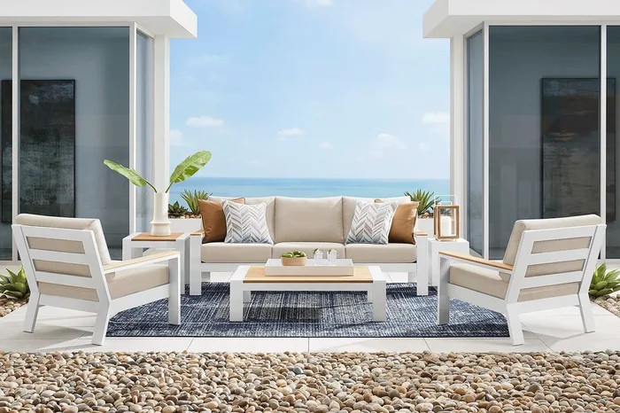 Solana White 3 Pc Outdoor Seating Set with Bisque Cushions