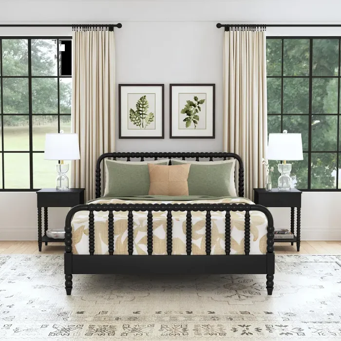 Spindle Queen Black Bed and Nightstands