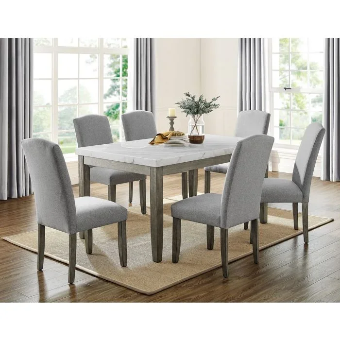 Steve Silver Emily 7-Piece White Marbletable With 6 Chairs Set In A Mossy Grey Finish