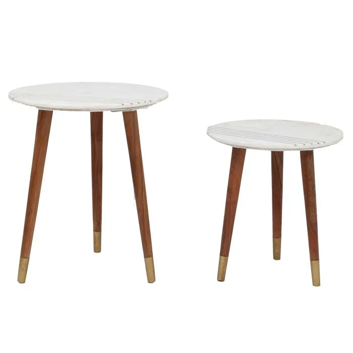 Steve Silver Terrace White Marble 2-Piece Nestingtables In Natural Acacia