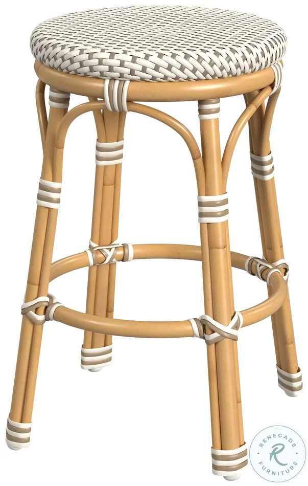 Tobias Beige and White Round Rattan Stool