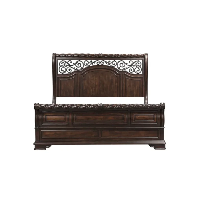 Traditional California King Sleigh Bed with Unique Scrolled Headboard