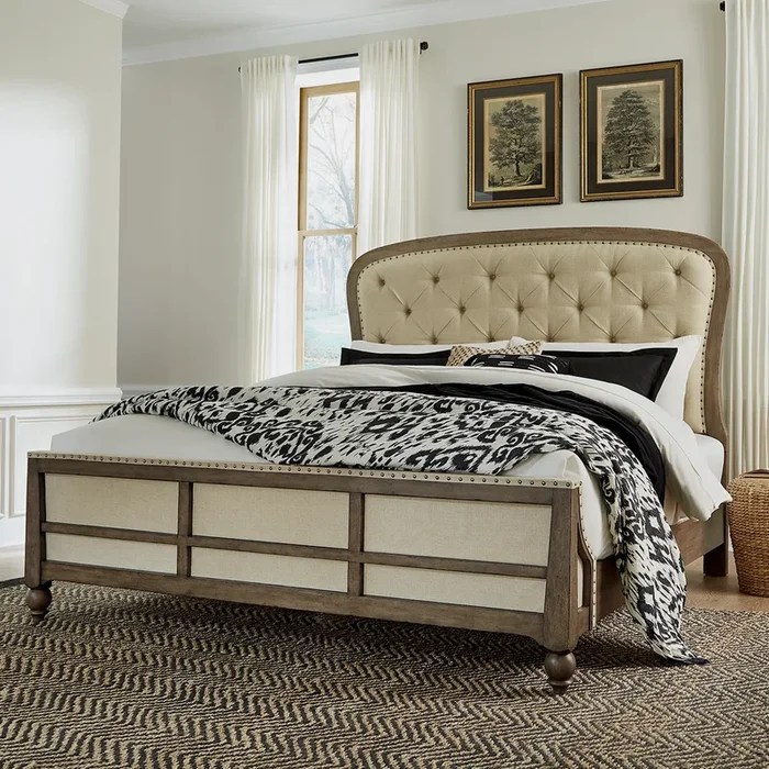 Traditional Upholstered Queen Shelter Bed with Button-Tufting