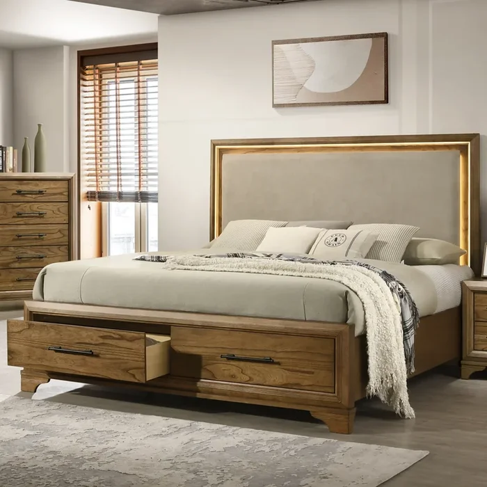 Transitional Upholstered Queen Bed with Storage Footboard and LED Headboard