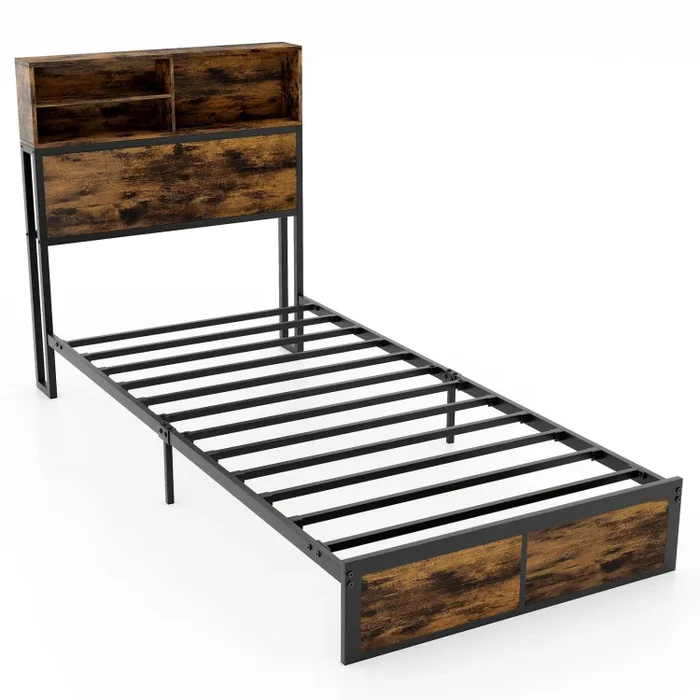 Twin/Full/Queen/King Size Bed Frame with Storage Headboard Industrial Metal Platform Bed
