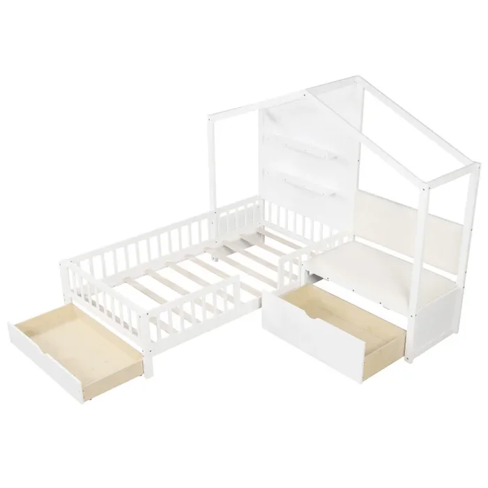 Twin Size House Bed Kids Platform Bed with Padded Bench
