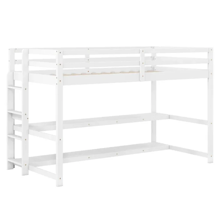 Twin Size Loft Bed with Storage Shelves Full-length Guardrails and Ladder