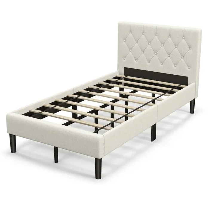 Twin Size Upholstered Platform Bed with Button Tufted Headboard