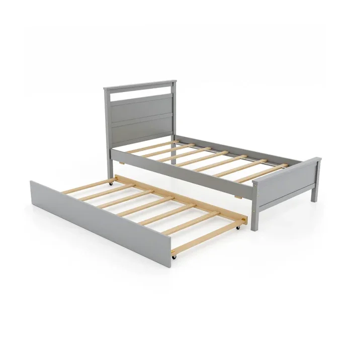 Twin Size Wooden Bed Frame with Trundle for Teens and Adults