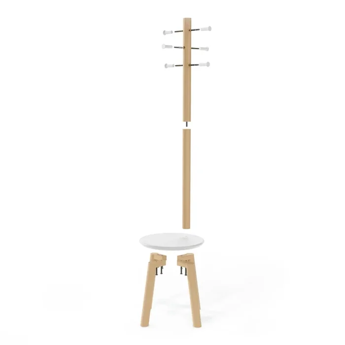 Umbra Modern Wood Pillar Stool and Coat Rack – White and Natural|Portemanteau et tabouret modernes Pillar de Umbra en bois – blancs et naturels