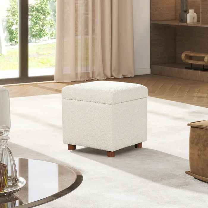 Upholstered Storage Ottoman – Ivory White