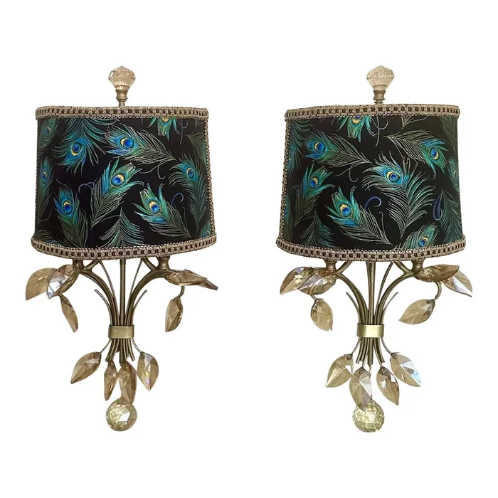Uttermost Crystal Sconces With Peacock Shades – a Pair