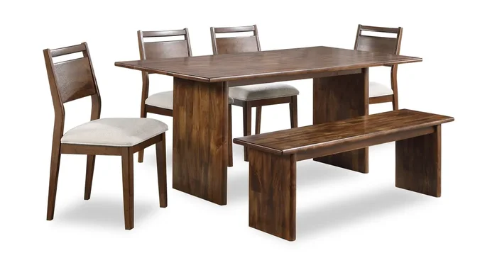 Vale 6pc Dining Set with Table, Bench & 4 Chairs, Wood, 72″W – Brown & Beige | Ensemble de salle à manger Vale 6 pièces en bois avec table de 72 po (l), banc et 4 chaises – brun et beige