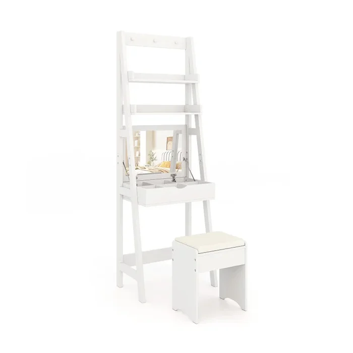 Vanity Desk Set with Flip Top Mirror, Hidden Storage Compartments and Cushioned Stool