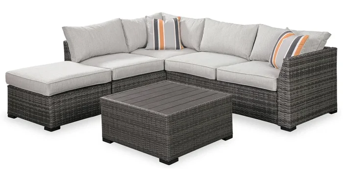Victoria 4-Piece Outdoor Patio Set with Loveseat, Armless Chair, Corner Chair & Ottoman – Weather Resistant – Grey | Ensemble Victoria 4 pièces pour la terrasse à l’extérieur avec causeuse, fauteuil sans accoudoirs – gris