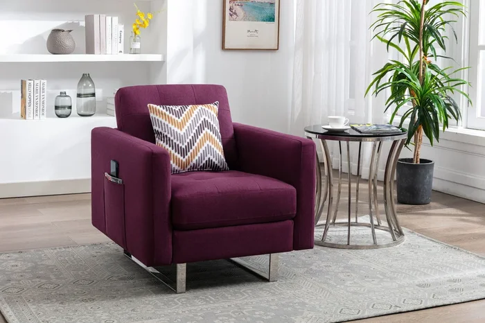 Victoria – Linen Fabric Armchair With Metal Legs, Side Pockets, And Pillow