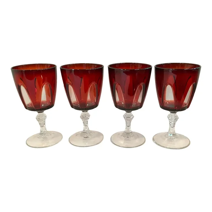 Vintage French Ruby Red Cut to Clear Wine Glasses – Set of 4