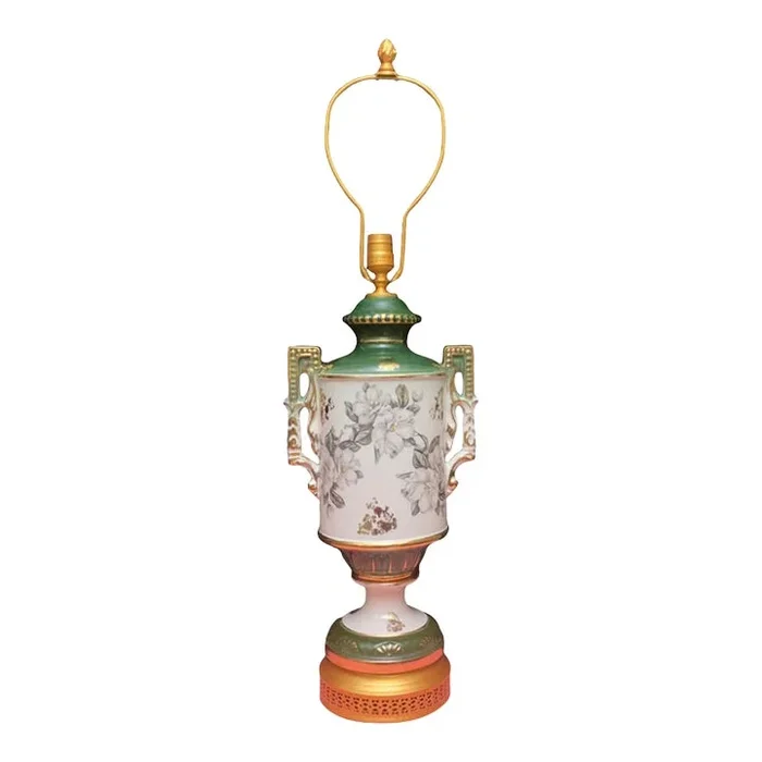 Vintage Green White Floral Porcelain Table Lamp