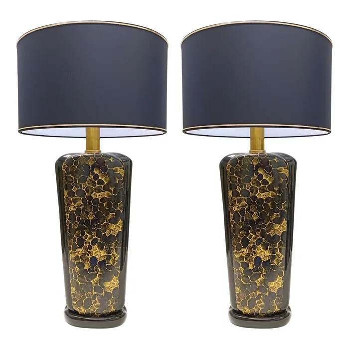 Vintage Italian Black and Gold Glazed Ceramic Table Lamps, 1980s, Set of 2