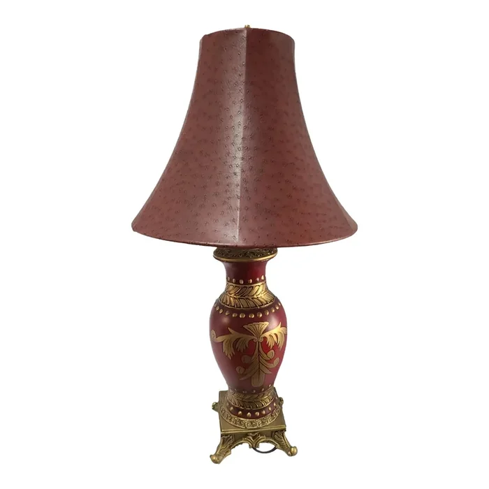 Vintage Neo-Classical Urn Elegant Maroon Red & Gold Painted Table Lamp Original Shade