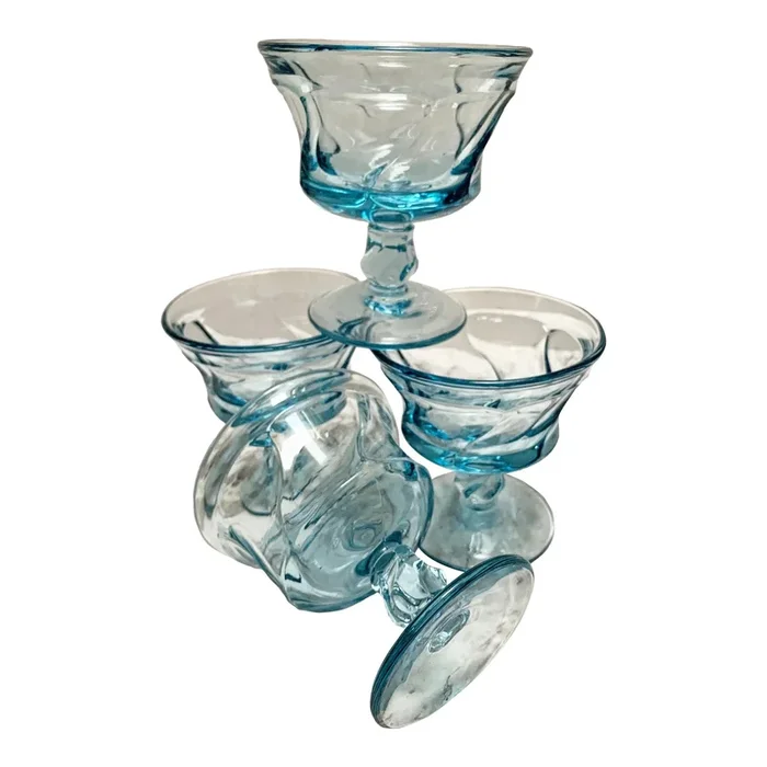 Vintage Wavy Blue Cocktail Glasses- Set of Four