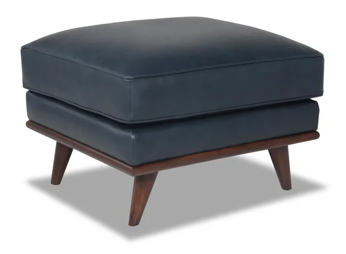 Vivia 28″ Genuine Leather Ottoman with Wood Base – Navy Blue | Pouf Vivia de 28 po en cuir véritable avec base en bois – bleu marine
