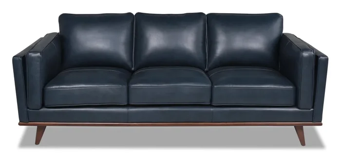 Vivia 86″ Genuine Leather Sofa with Removable Seat Cushions and Wood Base – Navy Blue | Sofa Vivia de 86 po en cuir véritable avec coussins de siège amovibles et pattes en bois – bleu marine