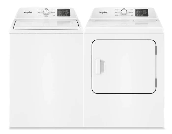 Whirlpool 4.8 Cu. Ft. Top Load Washer and 7 Cu. Ft. Electric Dryer with AutoSensing – White | Laveuse à chargement par le haut 4,8 pi3 et sécheuse électrique 7 pi3 avec détection automatique de Whirlpool – blanches