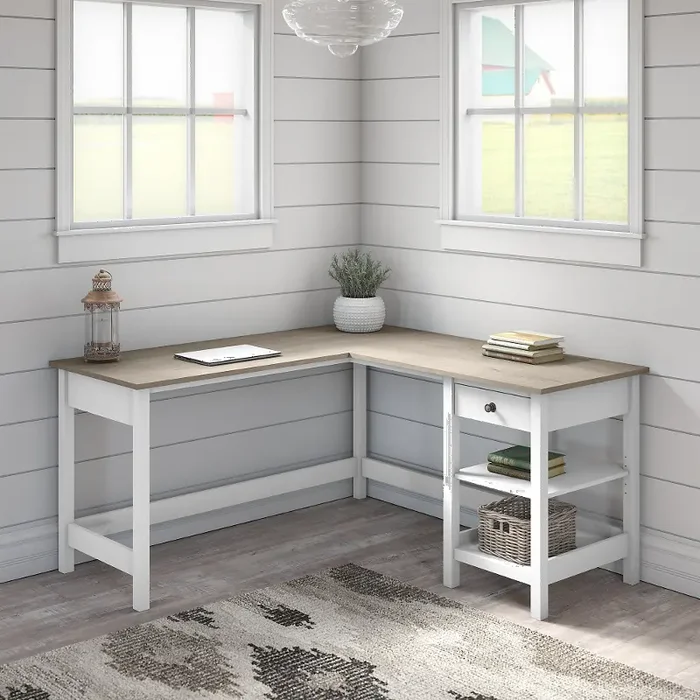 White and Gray Single Pedestal L-Desk – Bush Furniture