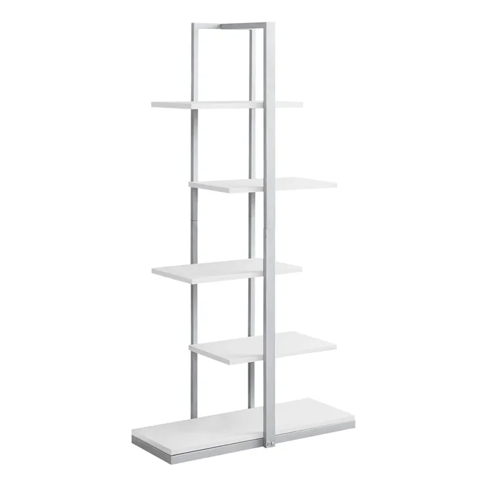 White Silver Metal Bookcase|Bibliothèque blanche et métal argenté|D90F053O