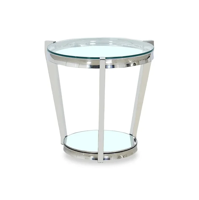 Yonge 22″ Modern Round Glass Top End Table with Shelf – Chrome Finish with Stainless Steel | Table de bout ronde moderne Yonge de 22 po avec dessus en verre et tablette – fini chromé avec acier inoxydable