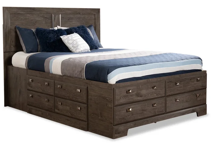 Yorkdale 12-Drawer Platform Bed with Headboard & Storage Frame, Made in Canada, Grey – Queen Size | Lit plateforme Yorkdale fabriqué au Canada avec tête de lit et cadre de rangement à 12 tiroirs, gris…