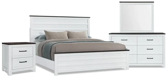Zoey 6pc Bedroom Set with Bed, Dresser, Mirror & Nightstand, Two-tone White & Brown – King Size | Ensemble de chambre à coucher Zoey 6 pièces avec lit, commode, miroir et table de nuit, deux teintes, blanc et brun – format très grand lit