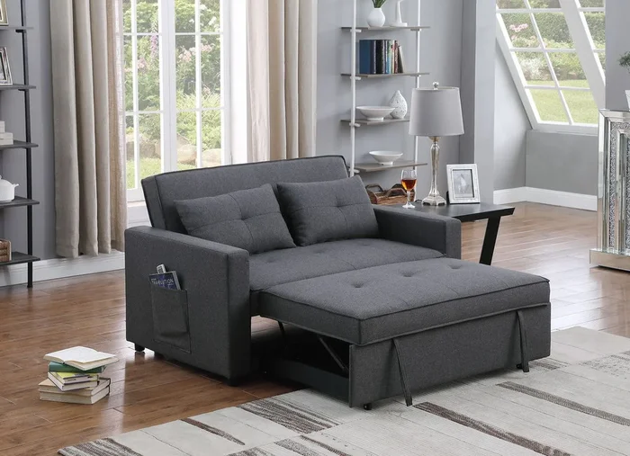 Zoey – Linen Convertible Sleeper Loveseat With Side Pocket