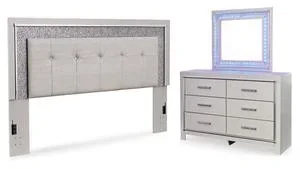 Zyniden Queen Upholstered Panel Headboard, Dresser and Mirror